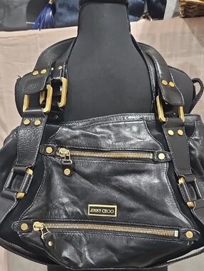 Jimmy Choo Mahala Black Leather Shoulder Bag with Gold-Tone Hardware